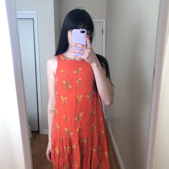Size S Mink Pink Orange Floral Open Back Dress - Picture 3 of 5